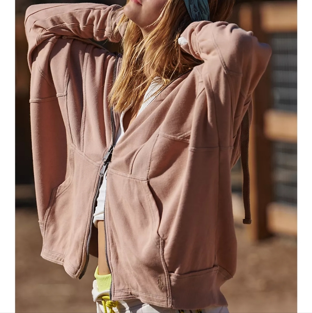Free People Dusty Rose Hoodie with Blue Embroidered Back - Picture 3 of 11